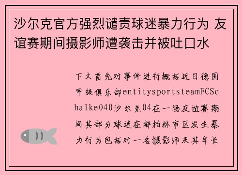 沙尔克官方强烈谴责球迷暴力行为 友谊赛期间摄影师遭袭击并被吐口水